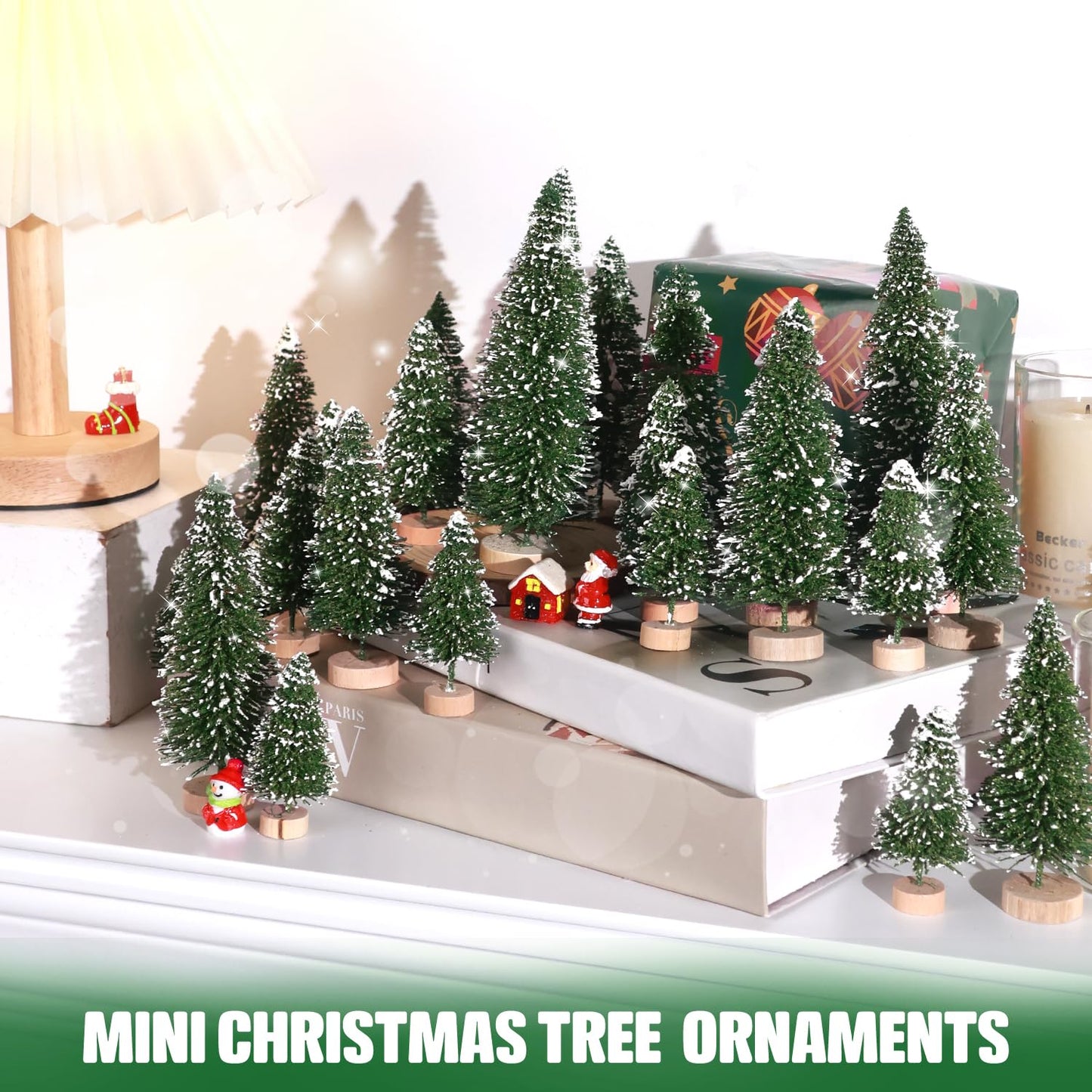 30Pcs Mini Christmas Trees Artificial Christmas Tree Bottle Brush Trees with Wooden Base for Christmas Decor Christmas Party Home Table Craft Decorations(Green-A)