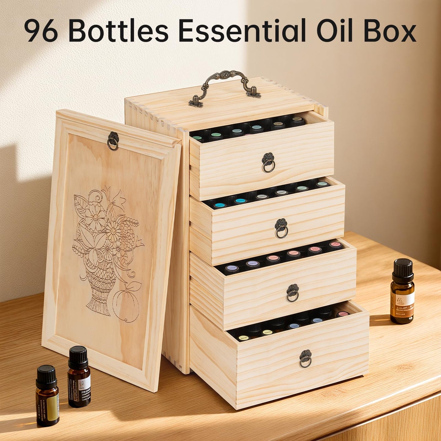 TORIBIO Essential Oil Storage Box for 96 Bottles, Wooden Essential Oils Holder Organizer Holds 5-30ml for Young Living & Doterra Bottles