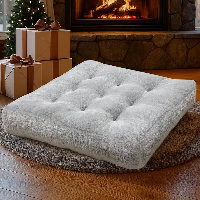 Degrees of Comfort Plush Floor Cushion for Adults – Faux Fur Meditation Pillow – Soft Winter Tatami Seating Pad – 22” Square, Light Grey, 1 Pack