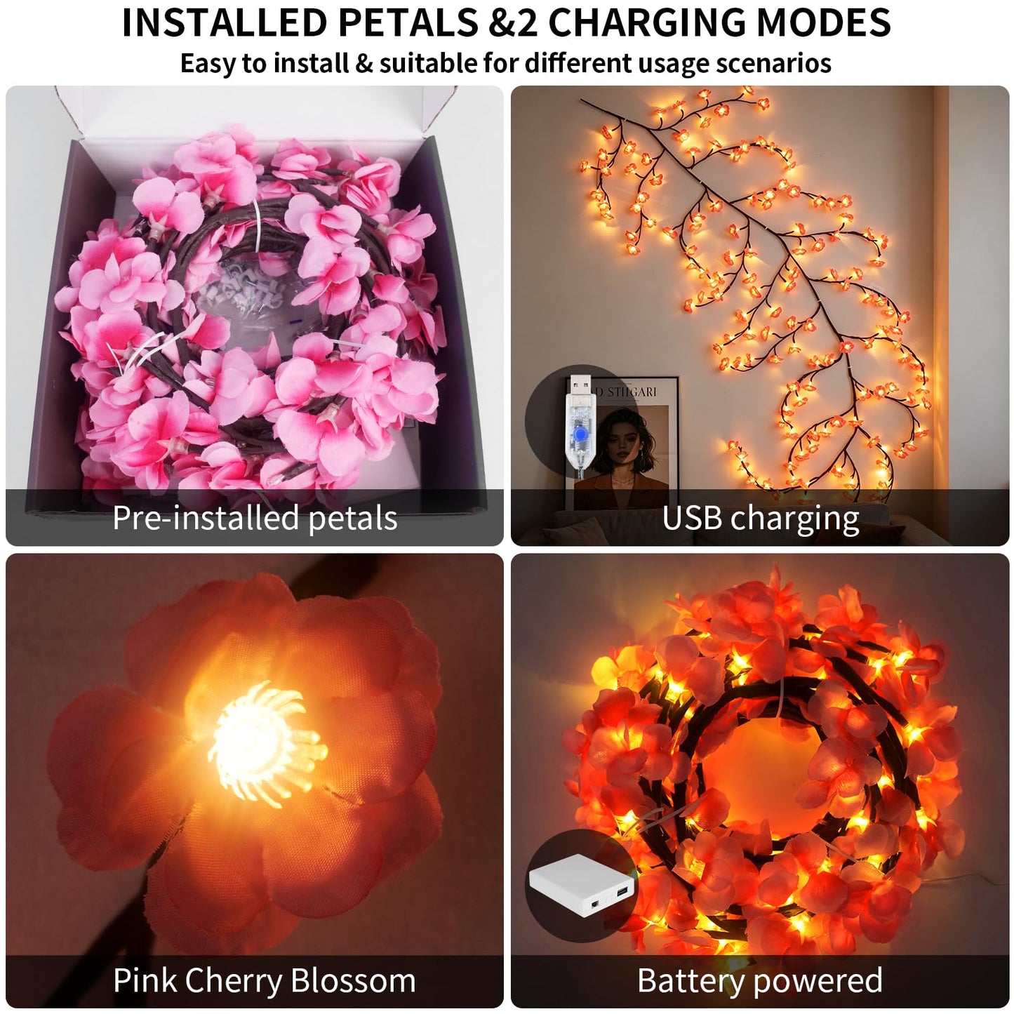 FNHMSL Cherry Enchanted Willow Vine Lights, 4FT 48LED Pink Cherry Blossom Tree Branch Lights for Wall, Remote Timer,8 Light Model,Bedroom Wall Doors Wedding, Christmas, USB Battery Box