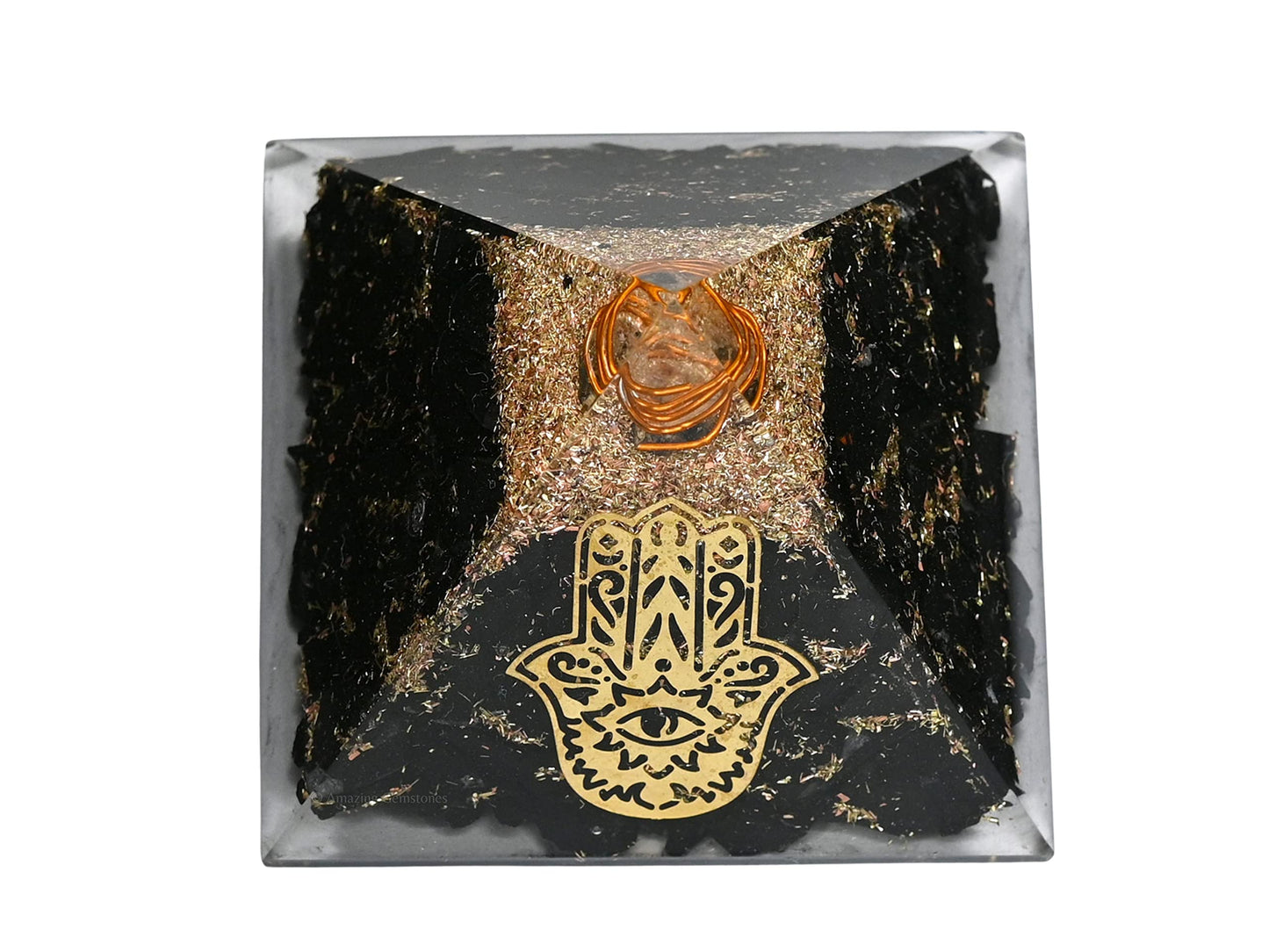 Amazing Gemstone Large Black Tourmaline Orgone Pyramid Crystal, Hamsa Hand Evil Eye Orgonite Pyramid, Positive Energy Healing