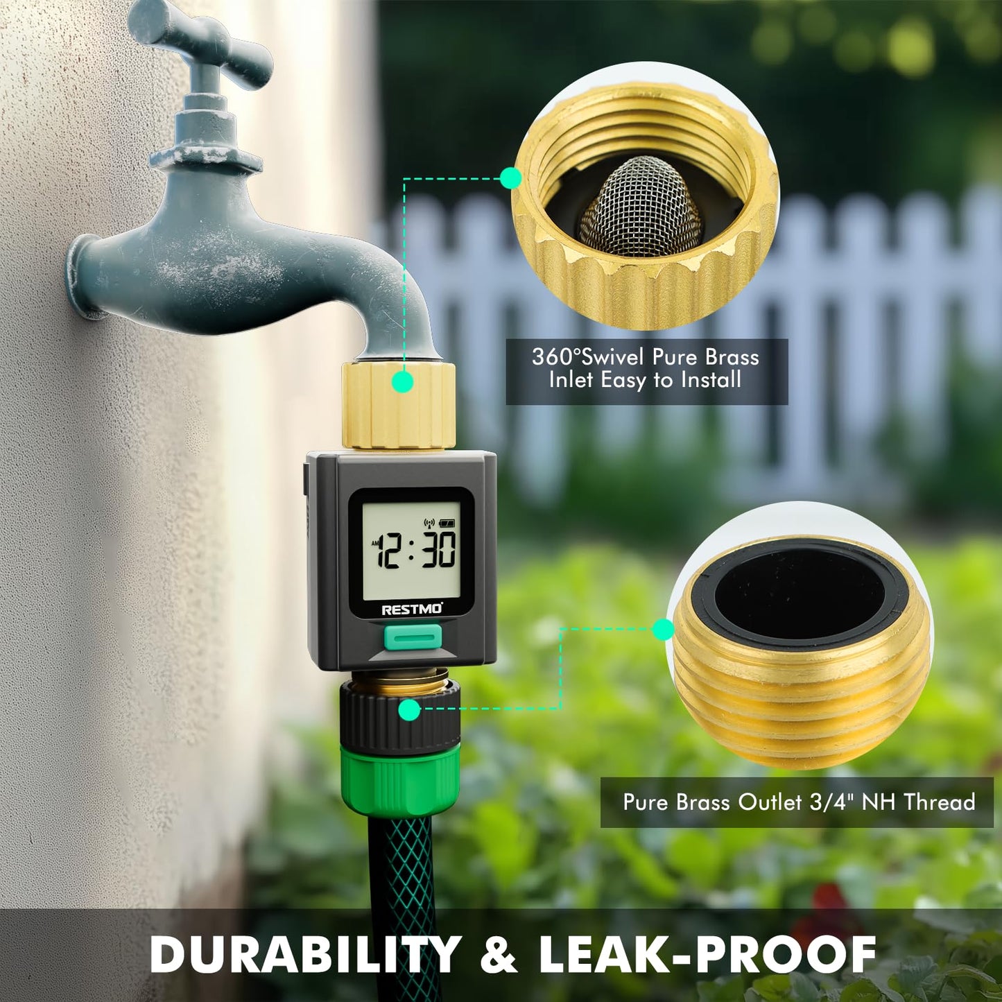 RESTMO Smart Water Flow Meter with Screen Backlight, Brass Inlet & Outlet, Measuring Gallon/Liter Consumption & Flow Rate for Garden Watering, RV Filling, Sprinklers & Nozzle - APP Control