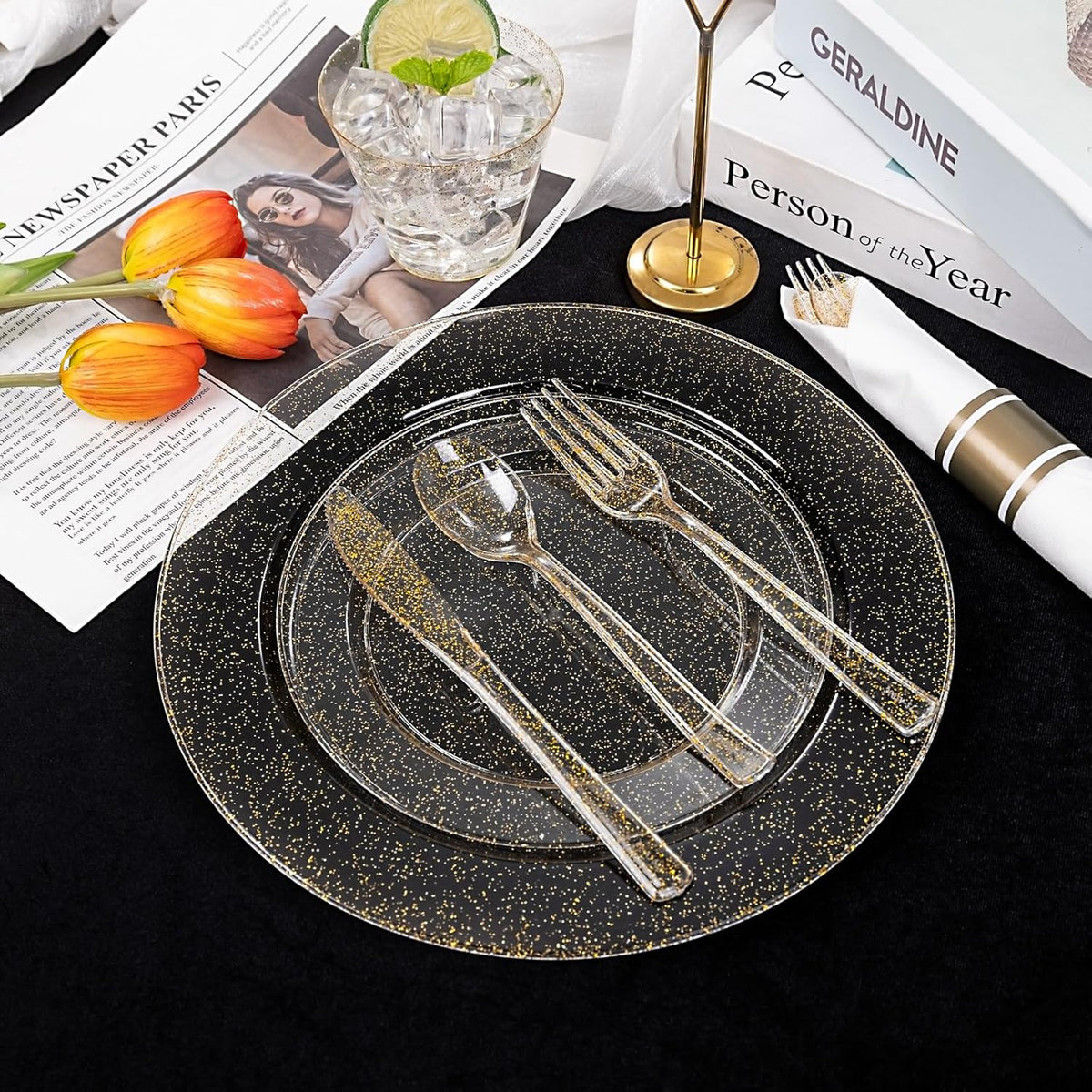 DaYammi 210PCS Gold Glitter Plastic Dinnerware Set for 30 Guests, Fancy Disposable Plates for Party, Include: 30 Dinner Plates, 30 Dessert Plates, 30 Pre Rolled Napkins with Gold Silverware, 30 Cups