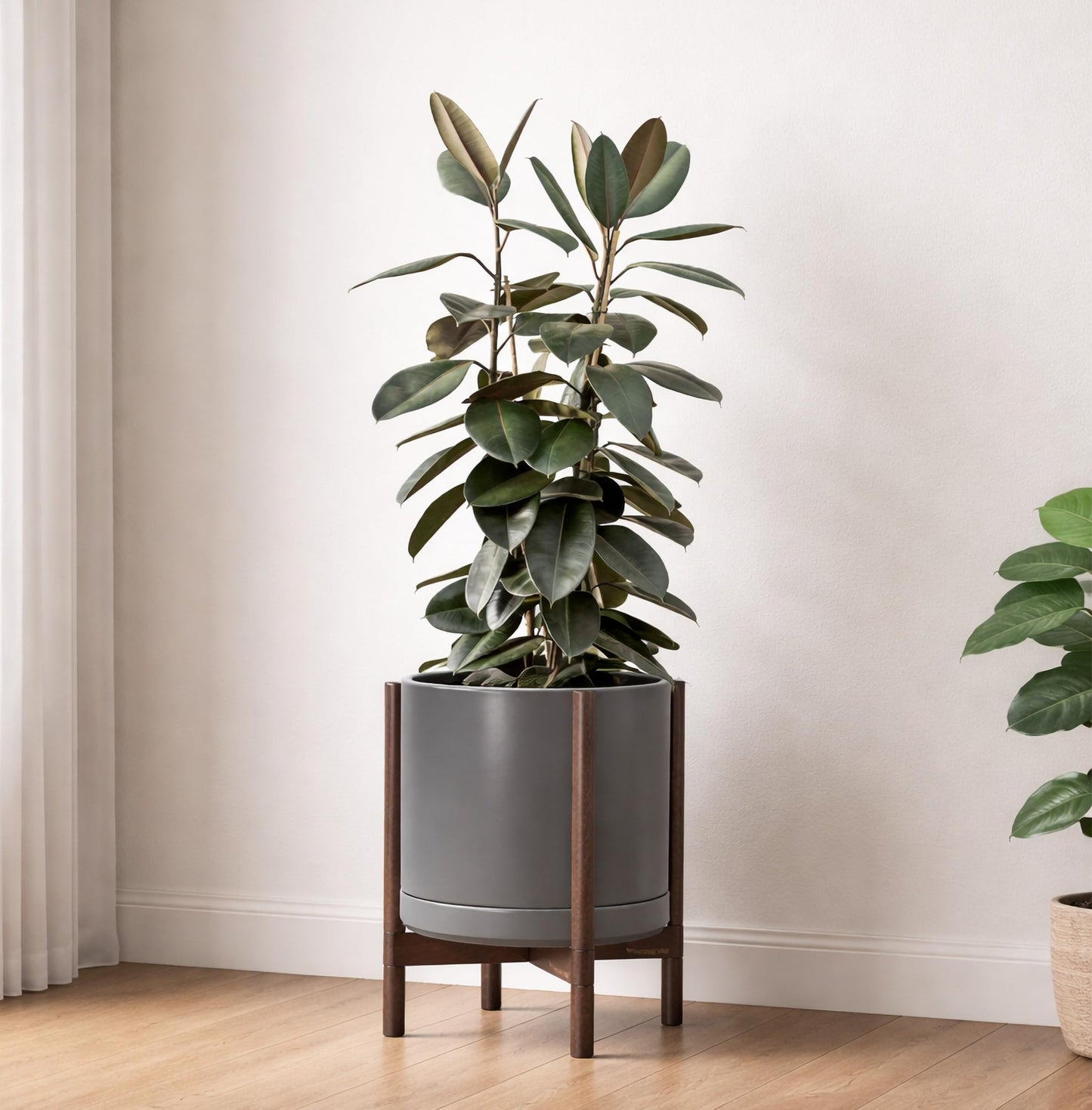 D'vine Dev Ceramic Planter with Walnut Color Stand - 14 Inch Modern Round Flower Pot with Wood Planter Holder, Grey, 55-B-T-3