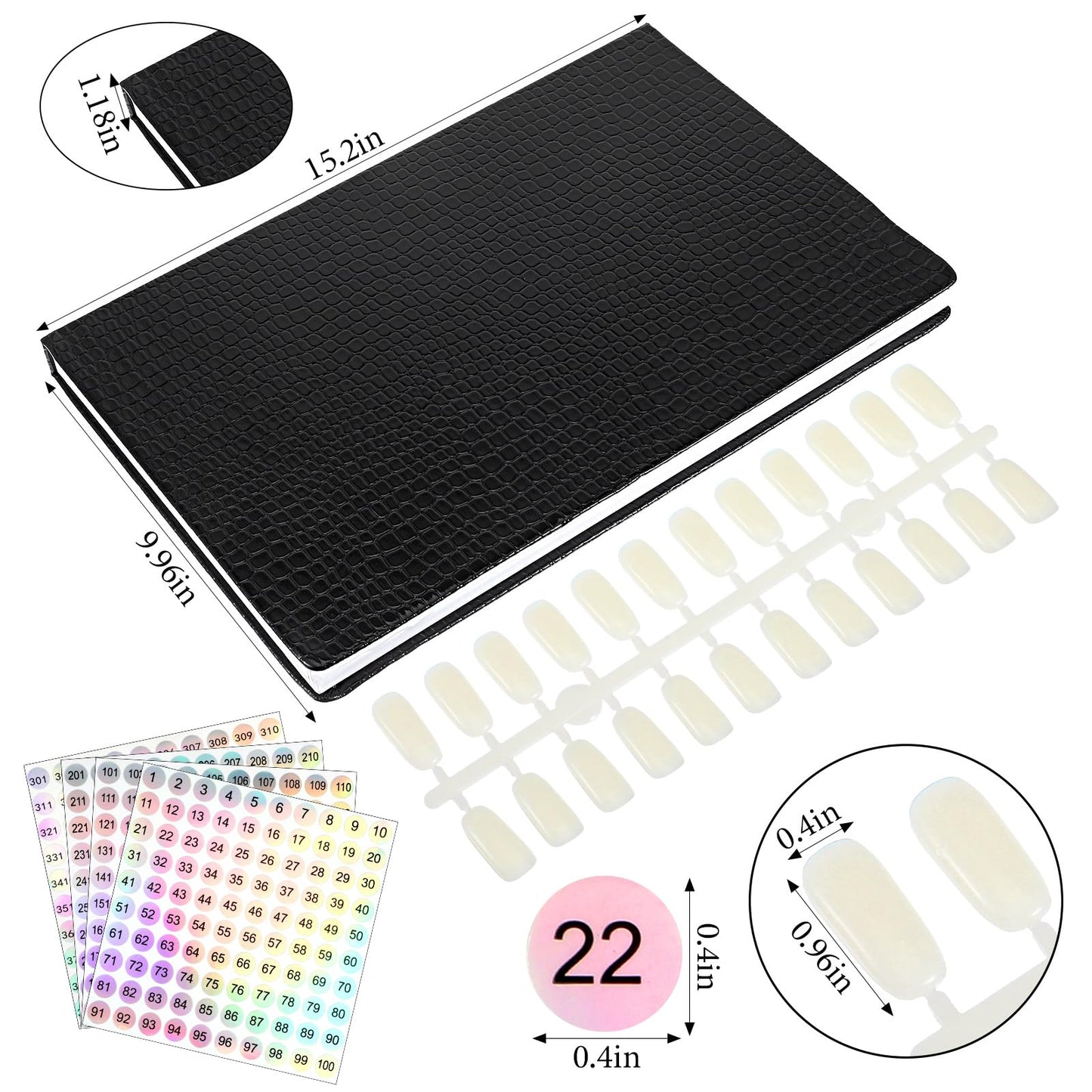 Professional 308 Nail Color Chart Book with 120 Pcs False Nails and 1-400 Number Labels, Gel Polish Display Card for Nail Art Salon Swatches and Practice Design, Black