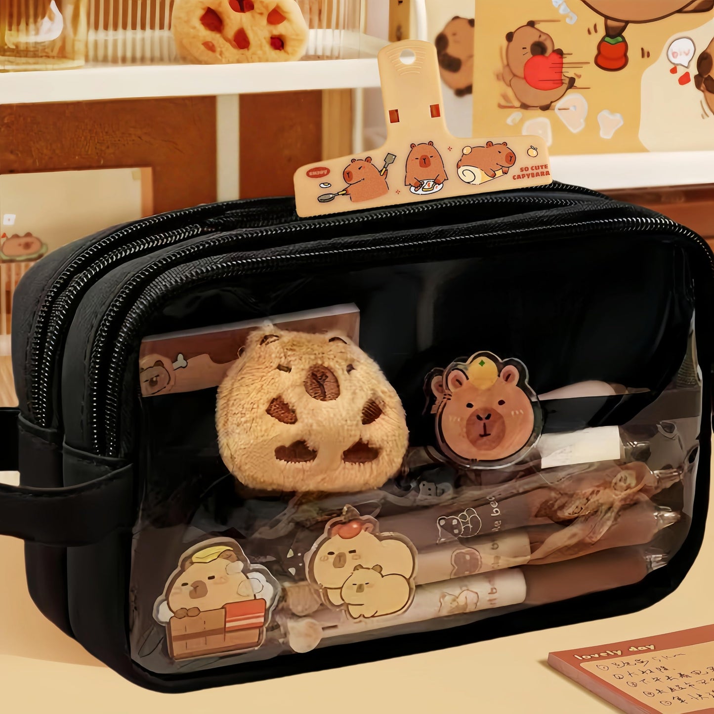 IN Chenthy Kawaii Capybara Pencil Case Kit with Plush +Notepad+Pendant+Stickers+Binder clips+Diary Clip+Pens, 5-Layer Large Capacity Capybara Stationery Set Gifts for Office, Makeup. (Black)