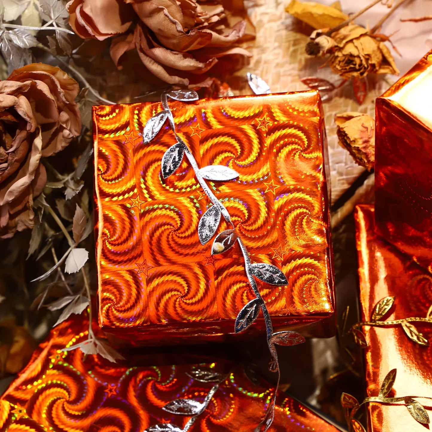 LeZakaa Fall Holographic Wrapping Paper Roll, Orange Gift Wrap with Swirl & Star Pattern Metallic Foil for Autumn, Thanksgiving, Birthday, Halloween, Wedding, Mini Roll 17 in x 32.8 ft