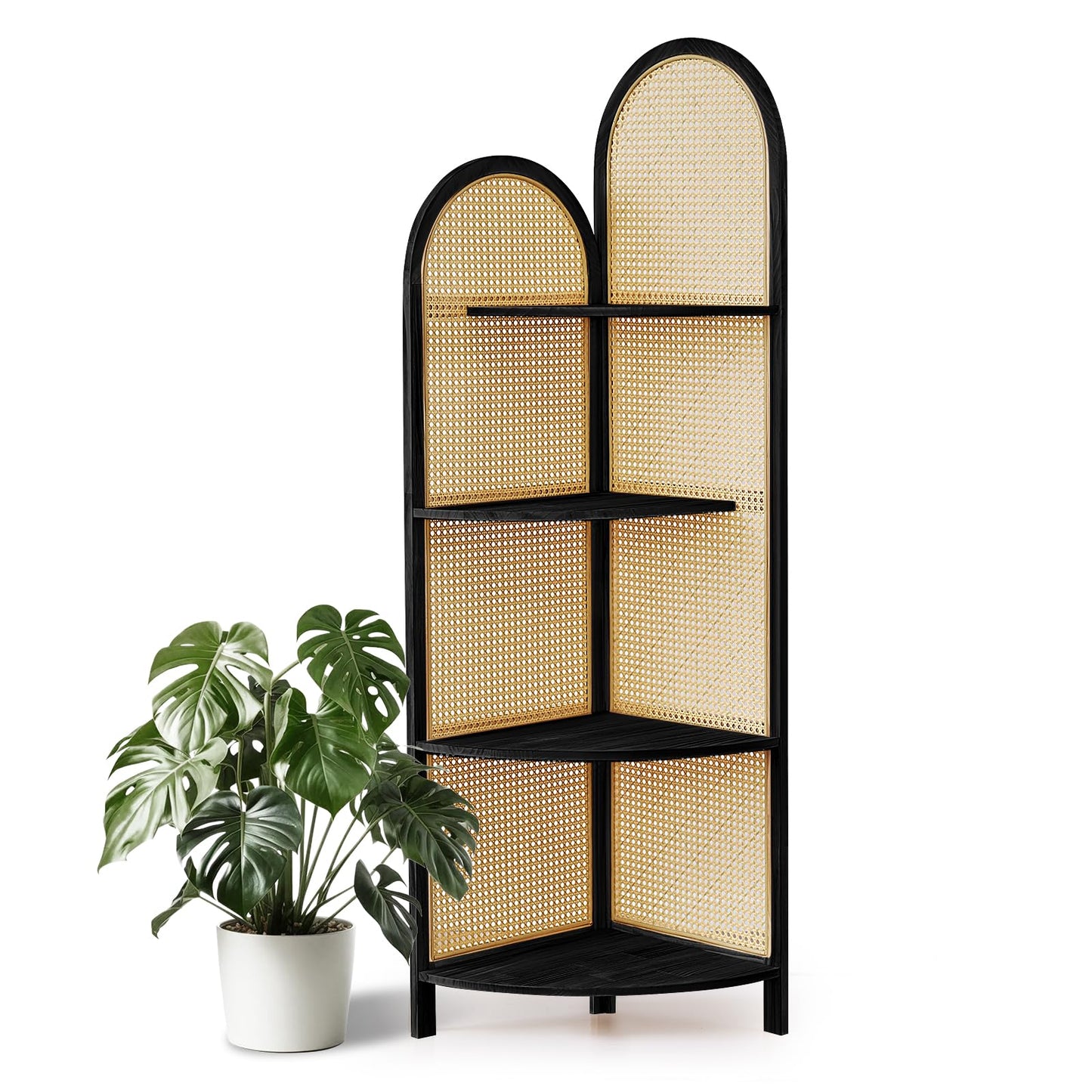 Aletheiawu Corner Shelf Stand 4-Tier 70" Corner Shelves Display Shelf Pine Wood Frame with Rattan Wall Corner Bookshelf Multi Unit Organizer Rack with Legs for Living Room Decor,Small Space (Black)