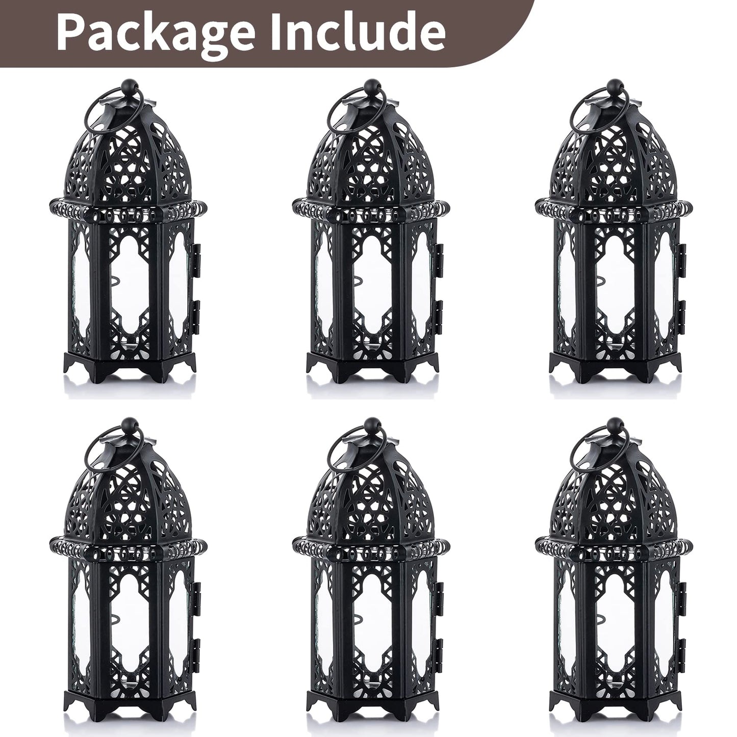 NUPTIO 6 Pcs Hanging Candle Holder Lantern Centerpiece Table/Hanging Glass Hexagon Moroccan Candle Lantern Holders, Black
