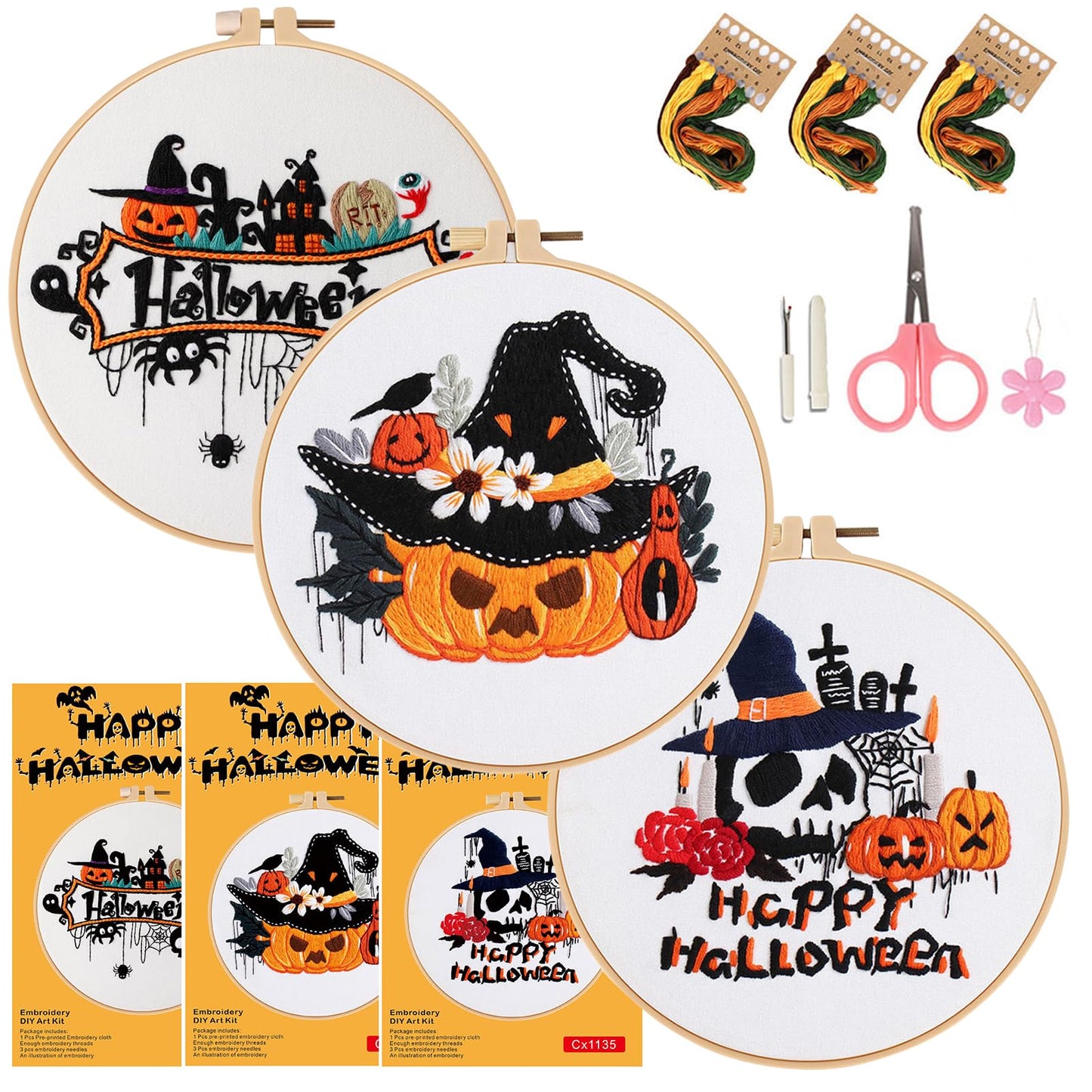 COCOMOX Halloween Embroidery kit for Beginners, 3 Set Gothic Cross Stitch Kits Pumpkin Pattern Needlepoint Craft Kit for Adults, DIY Gift