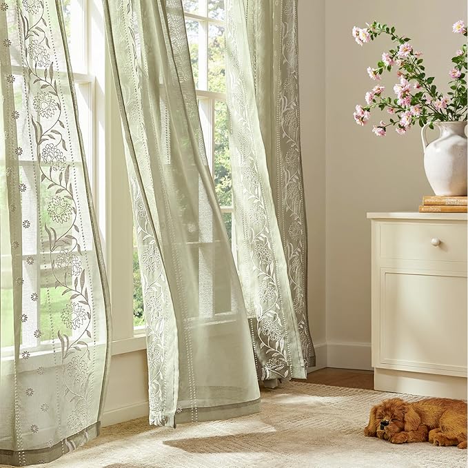 jinchan Winslow Sage Sheer Curtains 84 Inch for Bedroom Living Room Embroidered Bordered Floral Nursery Curtains for Playroom Dorm Light Filtering, Ivory on Sage, 2 Panels, 50W x 84L