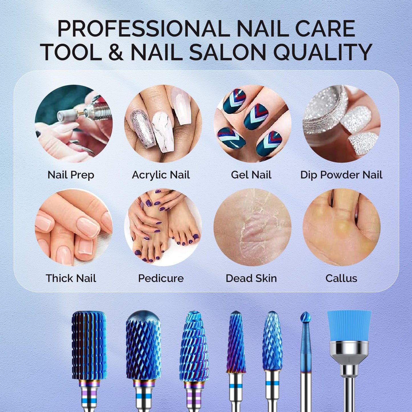 MelodySusie Nail Drill Bits 7pcs, Tungsten Carbide Drill Bits for Acrylic Gel Nail Polish Hard Gel Nail Remove, 3/32'' Nail Bits Set for Nail Drill Efile, Manicure Pedicure Salon Nail Tools, Blue