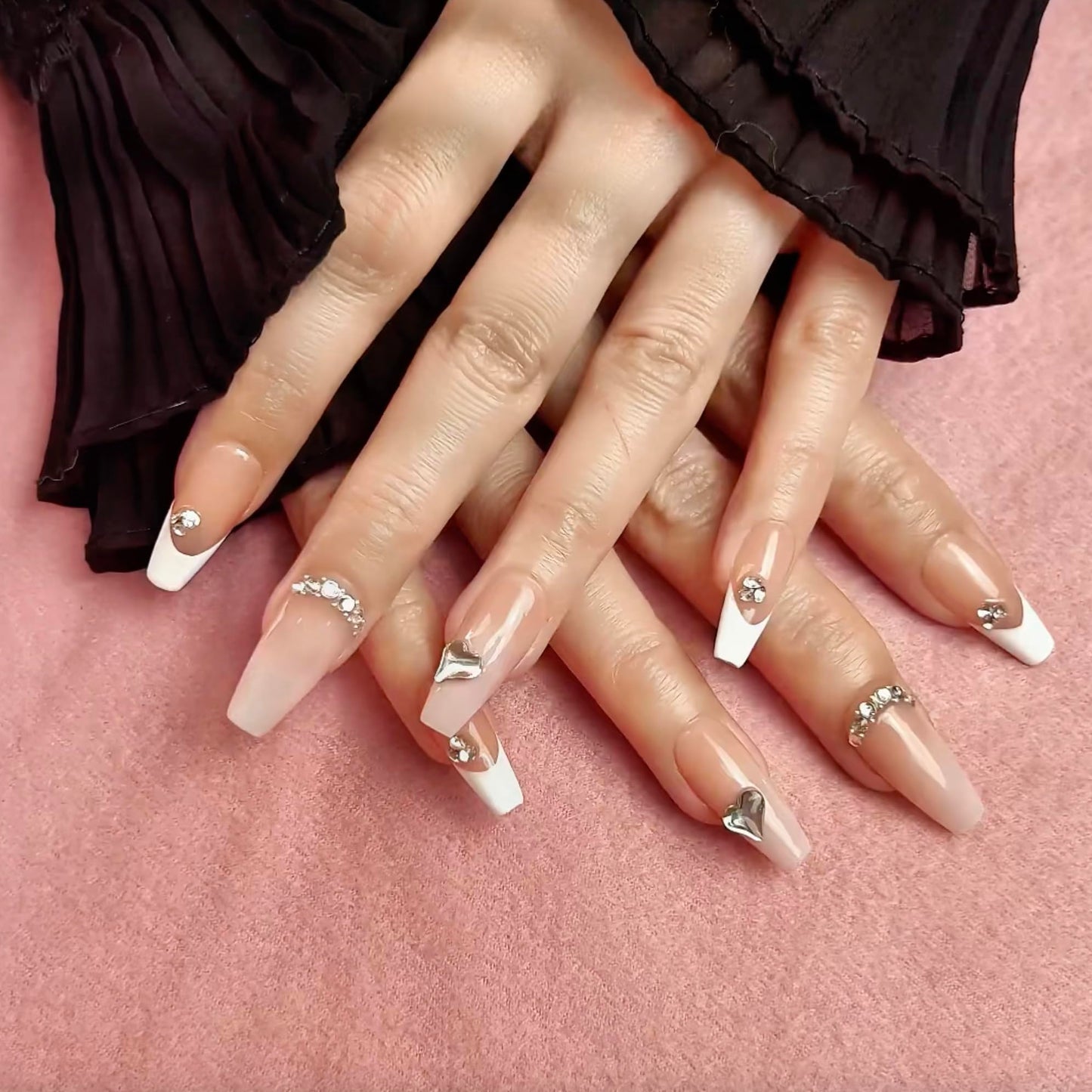 Handmade Press On Nails impress French Fake Nails Medium Square Coffin 3D White and Pink Crystal Manicure False press ons Nail Artificial (M size)