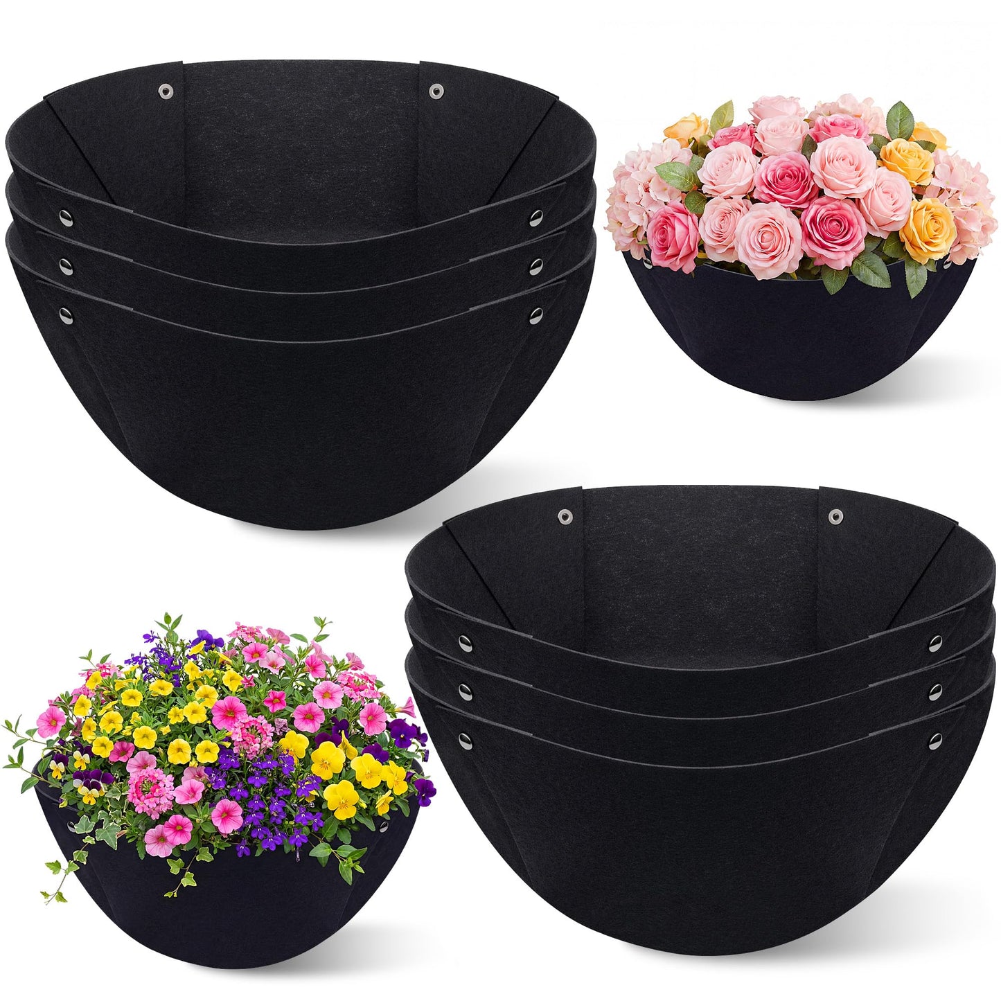 BreezeHug 6 Pack 14 Inch Hanging Basket Liners, Black Non Woven Planter Liners Replacement for Coconut Coir, Breathable Felt Round Pot Inserts with Snap Buttons Bird-Proof for Outdoor Garden