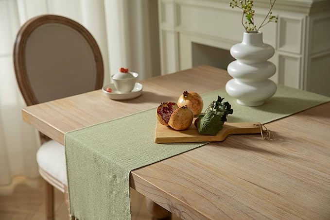 ZeeMart Sage Green Table Runners 90 Inches Long, Burlap Linen Style Rustic Farmhouse Table Runner, Long Boho Dining Table Runner, 13x90 Inches, Light Sage Green