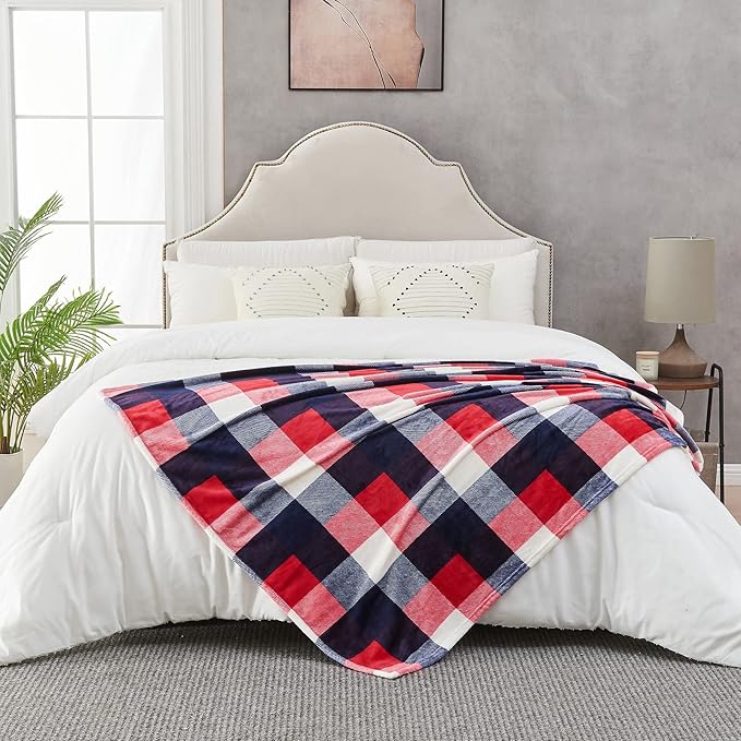 SOCHOW Buffalo Plaid Flannel Fleece Throw Blanket 60 x 80 Inches, Soft Lightweight Cozy All Season Red/Blue Checkered Blanket for Bed, Couch, Car
