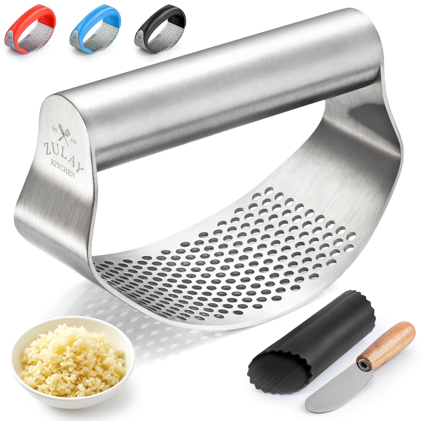 Zulay Kitchen Stainless Steel Garlic Press Rocker Set - Time Saving, Durable Strong Garlic Mincer Tool - Easy to Use & Clean Garlic Crusher Set with Peeler and Scraper Kitchen Gadget Smasher