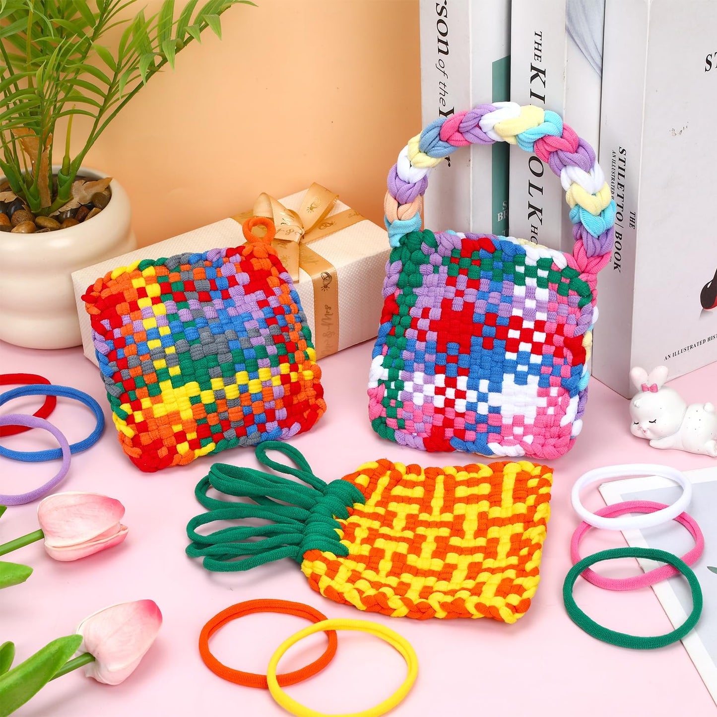 FEBSNOW 180 Pieces Rainbow Potholder Loom Kit,Elastic Loops Potholder Maker Weaving Loom Craft Supplies for Beginners Adults DIY Arts Handcraft Gifts