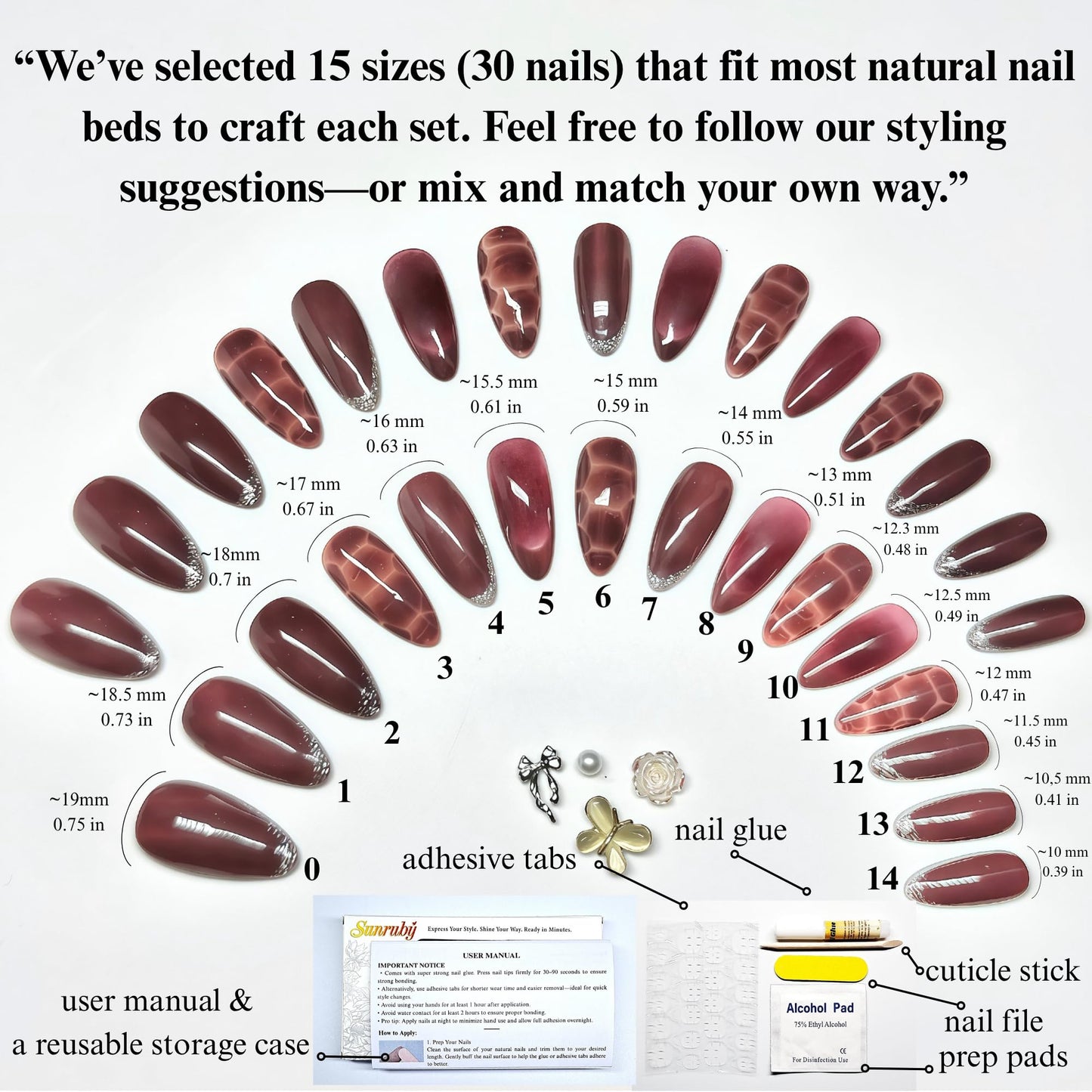Sunruby Press On Nails Medium Almond Brown Cafe with Silver Glitter French Tip & More| Reusable Soft Gel Nails in 15 Sizes -30 Nail Kit with Glue | Designed in L.A, Handmade in Vietnam | Espresso Chic