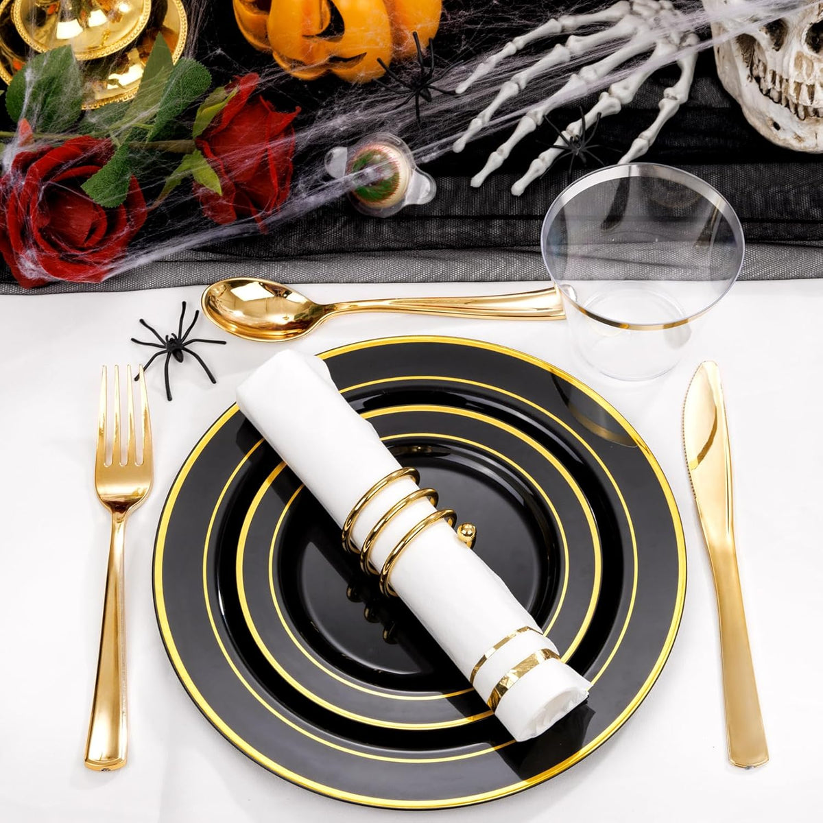 GATHER 350PCS Black Plastic Plates - Disposable Dinnerware Set Include 100PCS Black and Gold Plastic Plates, 150 Silverware, 50 Napkins, 50 Cups for Halloween Party