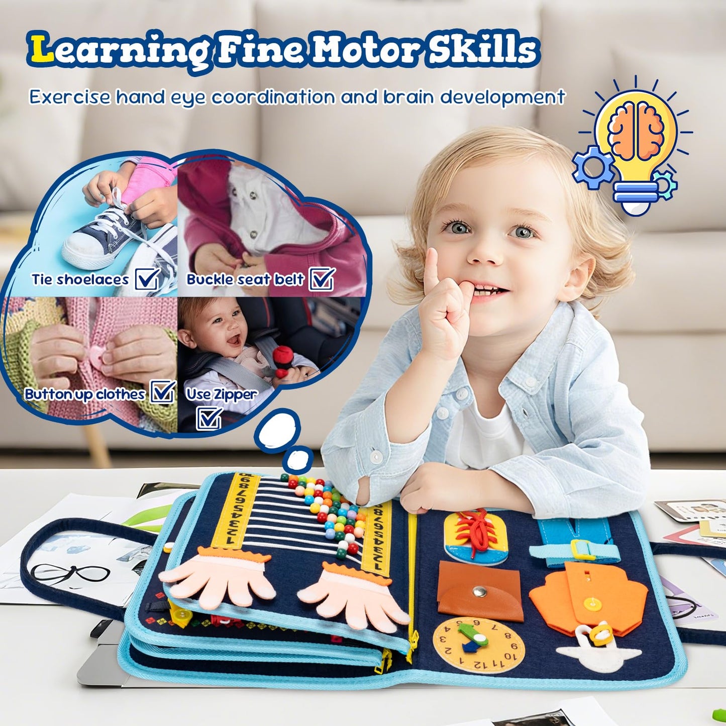 Lercaii Toddler Busy Board Book Montessori Toys,Sensory Book Educational Activities for Learning Fine Motor Skills, Quiet Travel Essentials for Airplane & Car, Birthday Gift for Boys Girls Toddlers
