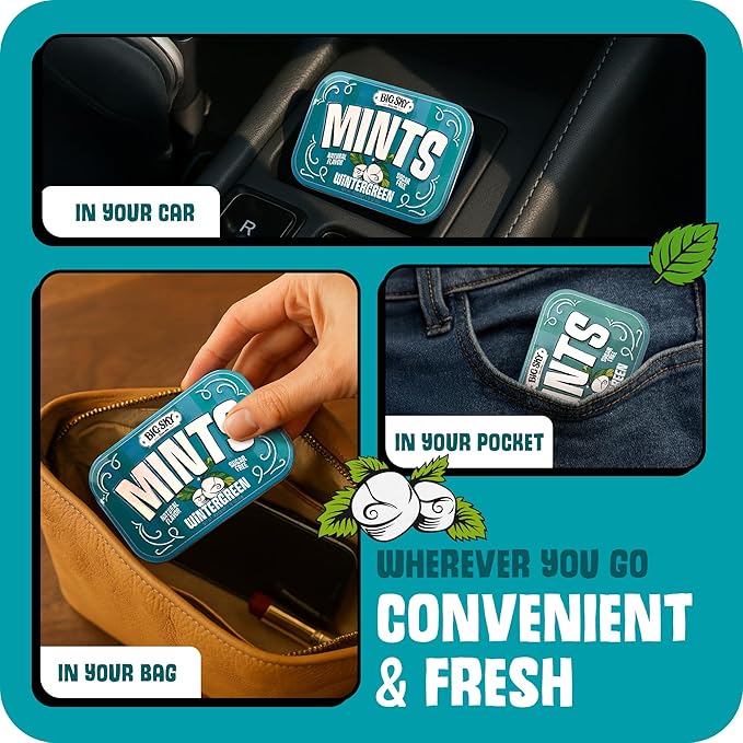 Big Sky Sugar Free Wintergreen Mint Candy, 50g Tin - 6 Count Display Tray