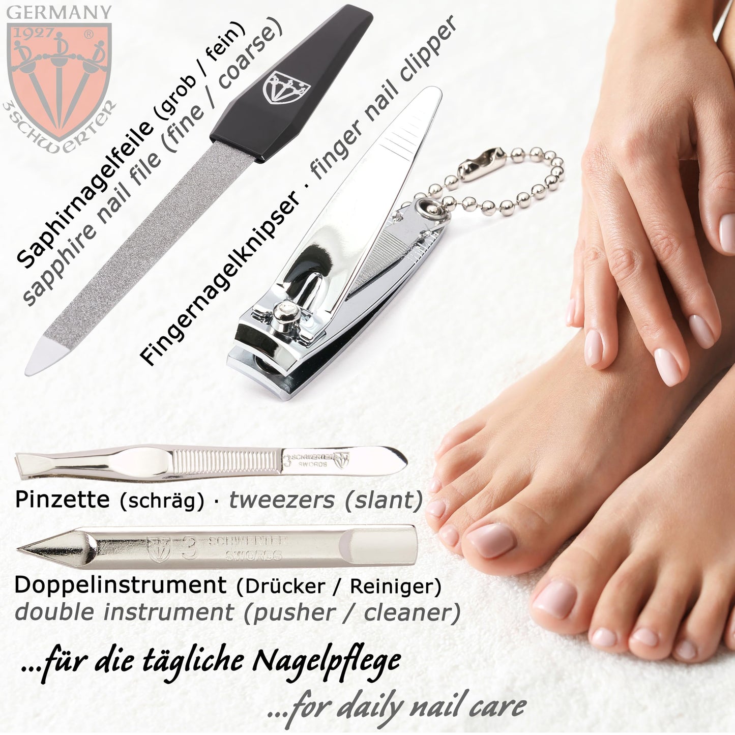3 Swords Germany - brand quality 6 piece manicure pedicure kit set for professional finger & toe nail care with leather case - Made in Germany - black genuine leather