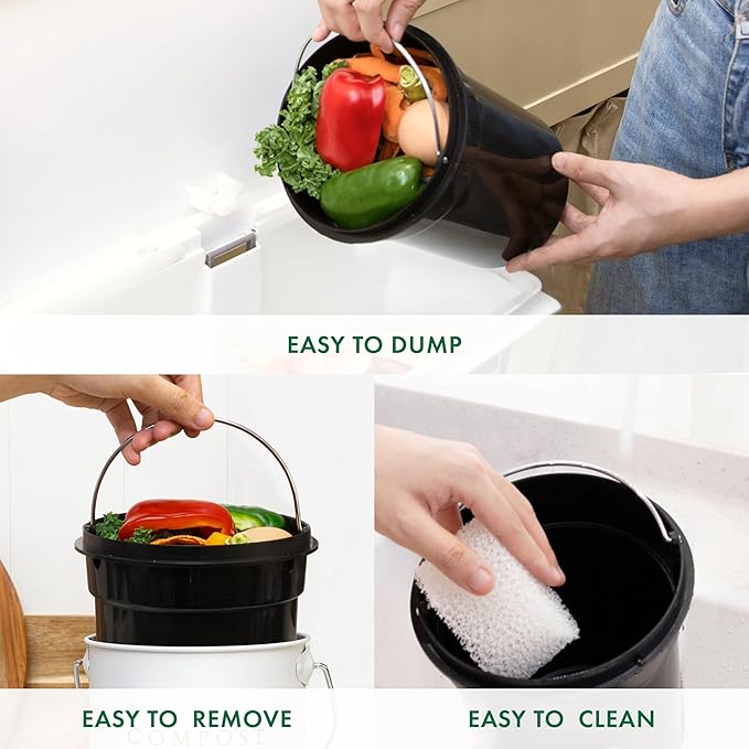 White 1.3 Galion Indoor Compost Bin Kitchen Odorless with Lid for Composting Food Waste Bucket for Counters, Stainless Steel Kitchen Compost Bin Countertop Trash Can Scrap Container Composter Caddy