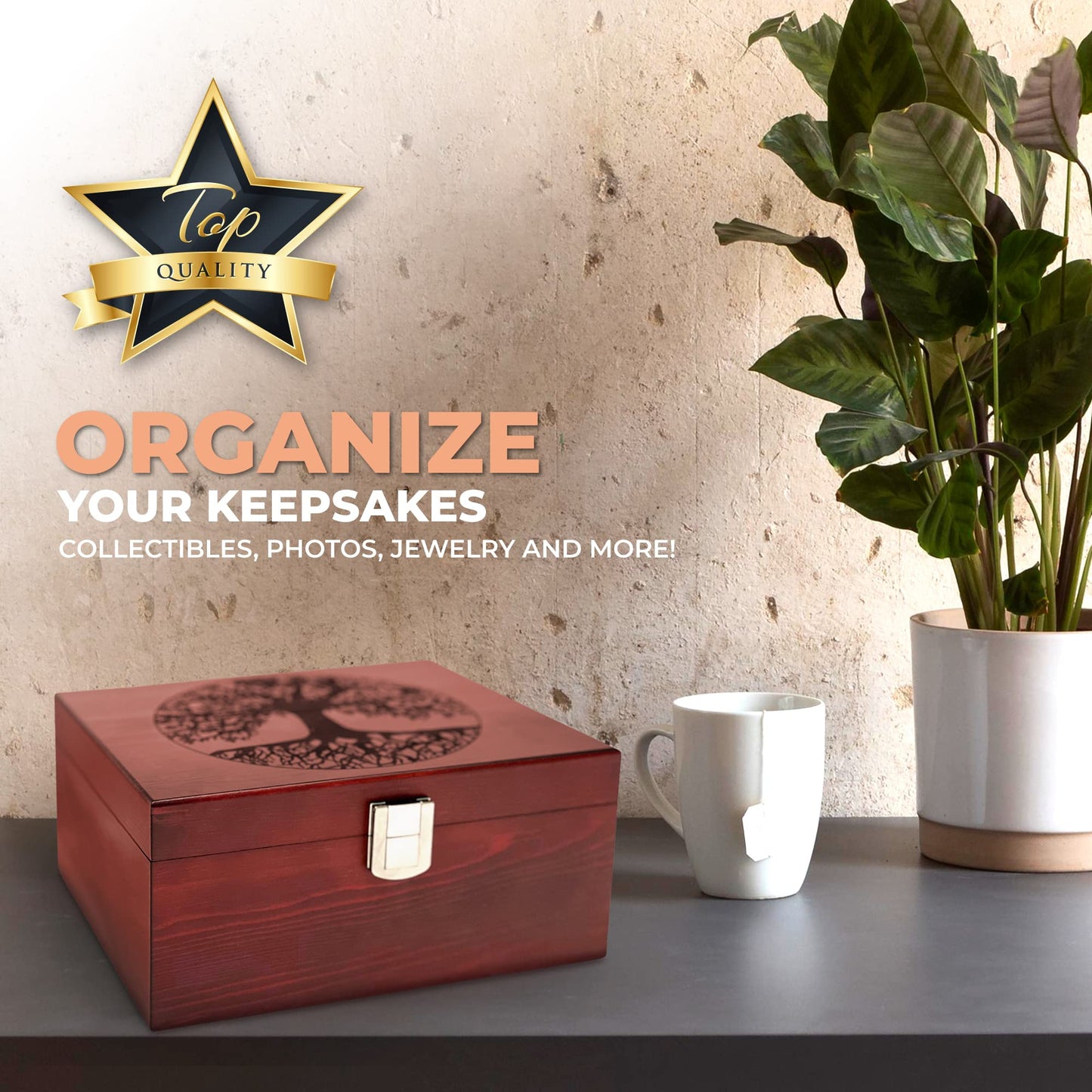 Blake & Lake Tree of Life Large Wooden Decorative Box - Wooden Keepsake Box with Hinged Lid and Metal Latch Wood Storage Boxes with Lid Engraved Design (Dark Pine Wood)