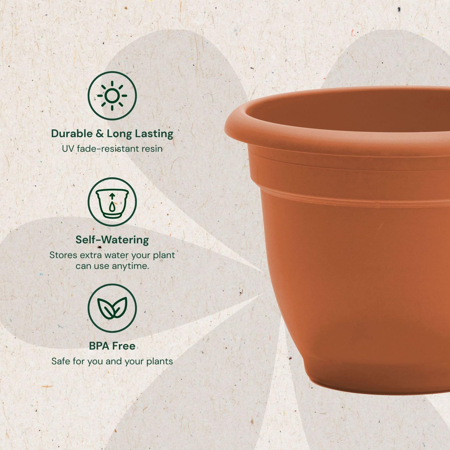 Bloem Ariana 12" Self-Watering Plastic Planter - Rolled Rim Indoor/Outdoor Garden Pot, Terra Cotta, 2-Pack