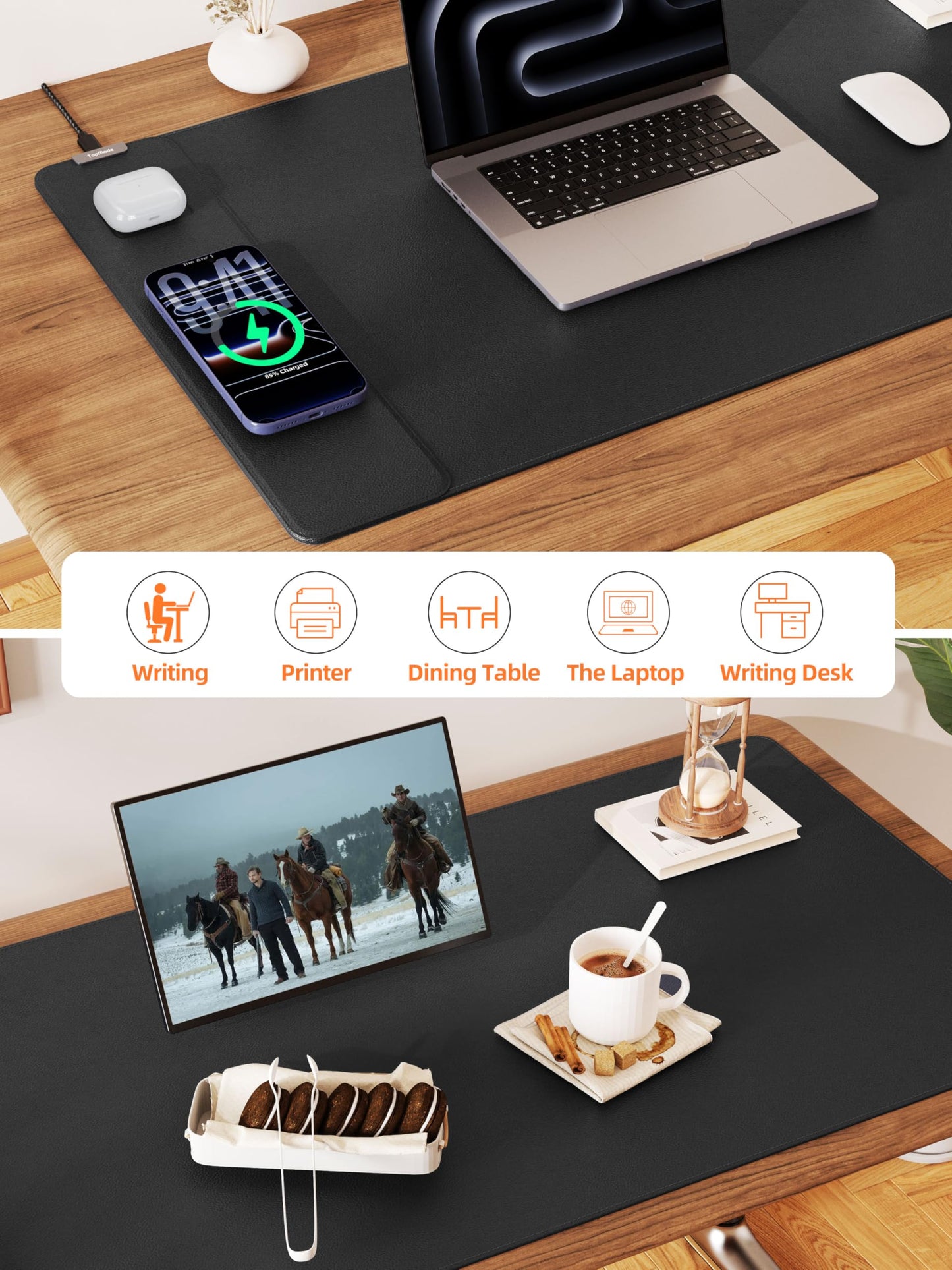 TopMade Mouse Pad with 15W Wireless Charging, XXL Large Leather Desk Mat, Waterproof Gaming Mousepad Home Office Desk Pad Protector, Computer Keyboard Pad, Mouse Mat for MacBook, PC, Laptop, Black