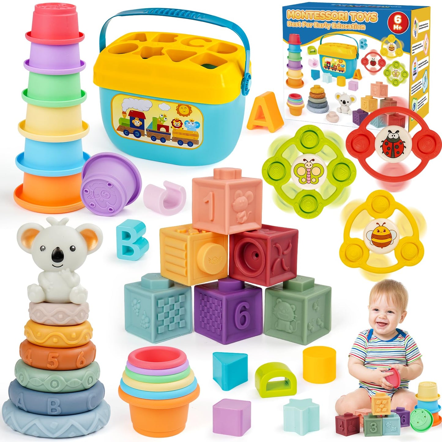 Montessori Toys for Babies Ages 6–12–18 Months with Sensory Shape Sorter Matching Game Box Stacking Cups Soft Ring, Building Blocks, Spinner Developmental Learning Toys for Toddlers 1+ Year Old