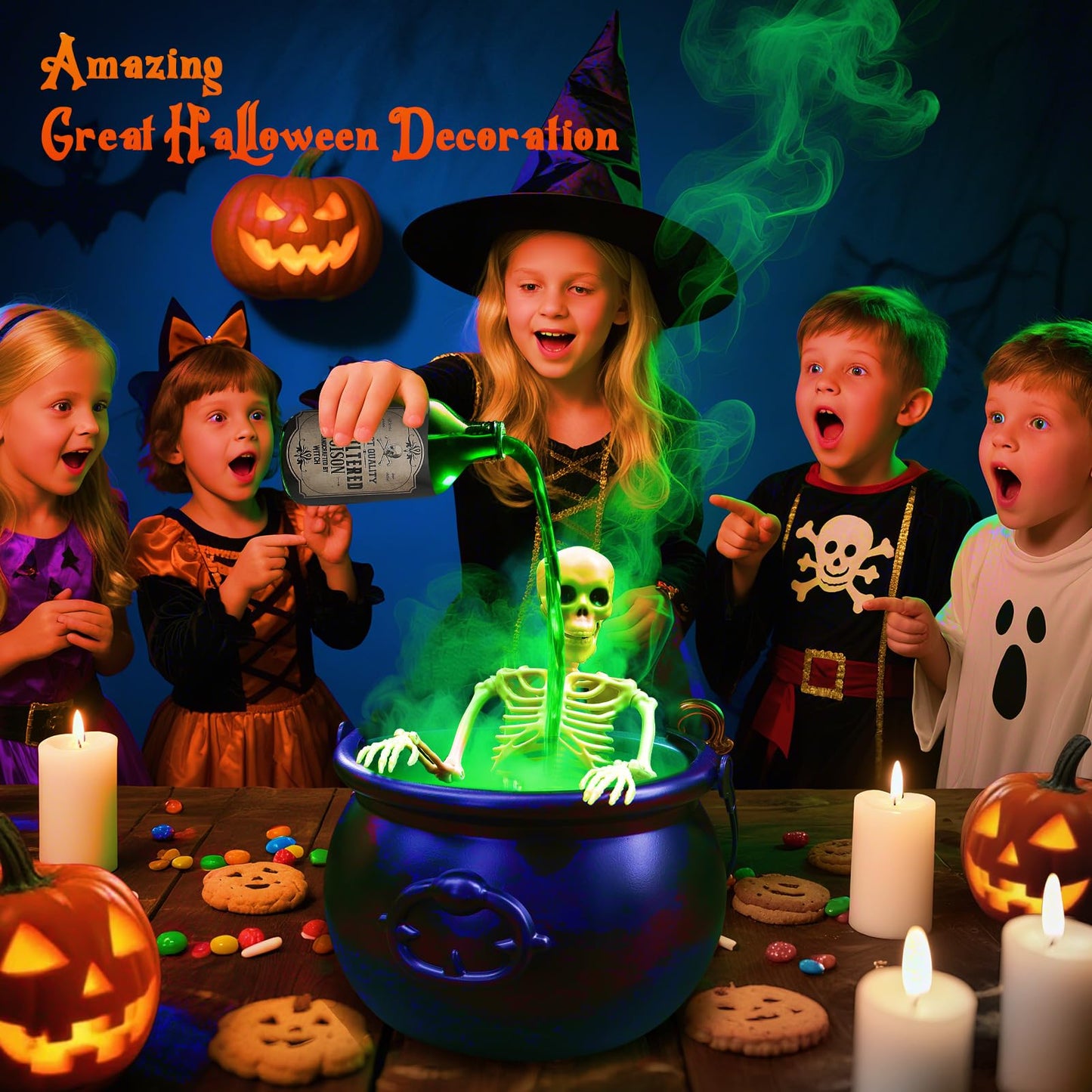 Halloween Decorations - Cauldron Halloween Decor with Magic Floating Potion Bottles Fog Diffuser Spooky Skeletons & Black Plastic Witches Bowl for Indoor Outdoor Party/Table/Mantel/Kitchen Decor