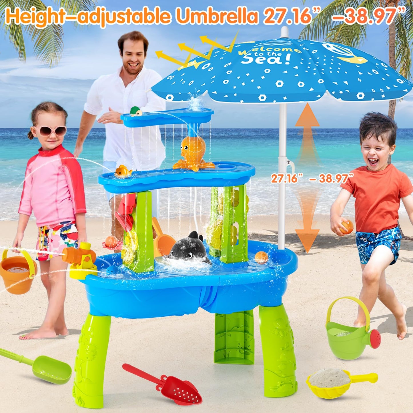 Water Table for Toddlers 3-5, 3-Tier Auto Water-Absorbing Kids Sand Water Table with Water Pump & Umbrella Splash Pond Toy, Activity Sensory Play Table Toys for Outdoor Pool Beach Backyard Summer
