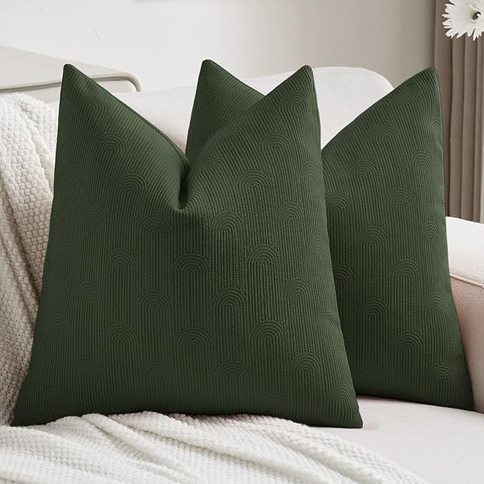 FUTEI Christmas Dark Green Chenille Decorative Throw Pillow Covers 22x22 Inch Set of 2,Soft Cozy Striped Geometric Patterns Cushion Cases,Modern Home Decor for Couch Bed Living Room