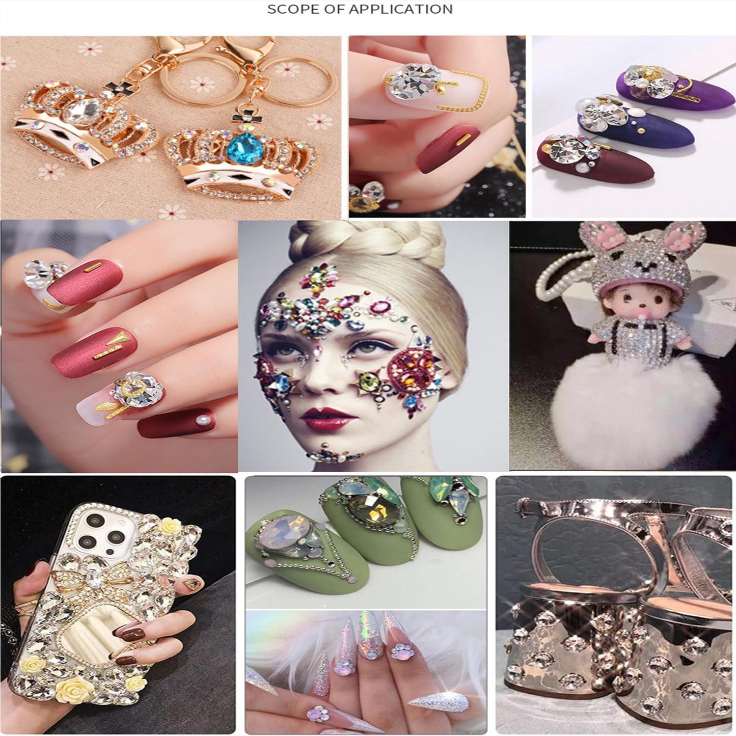 Laser Silver Nail Gems AB Crystal White Nail Charms Flatback Nail Jewels 3D Multi Shape Size Stones Diamonds Nail Rhinestones Clear Iridescent Beads Gems for Nails Faces Eyes Makeup Crafts 12Grid
