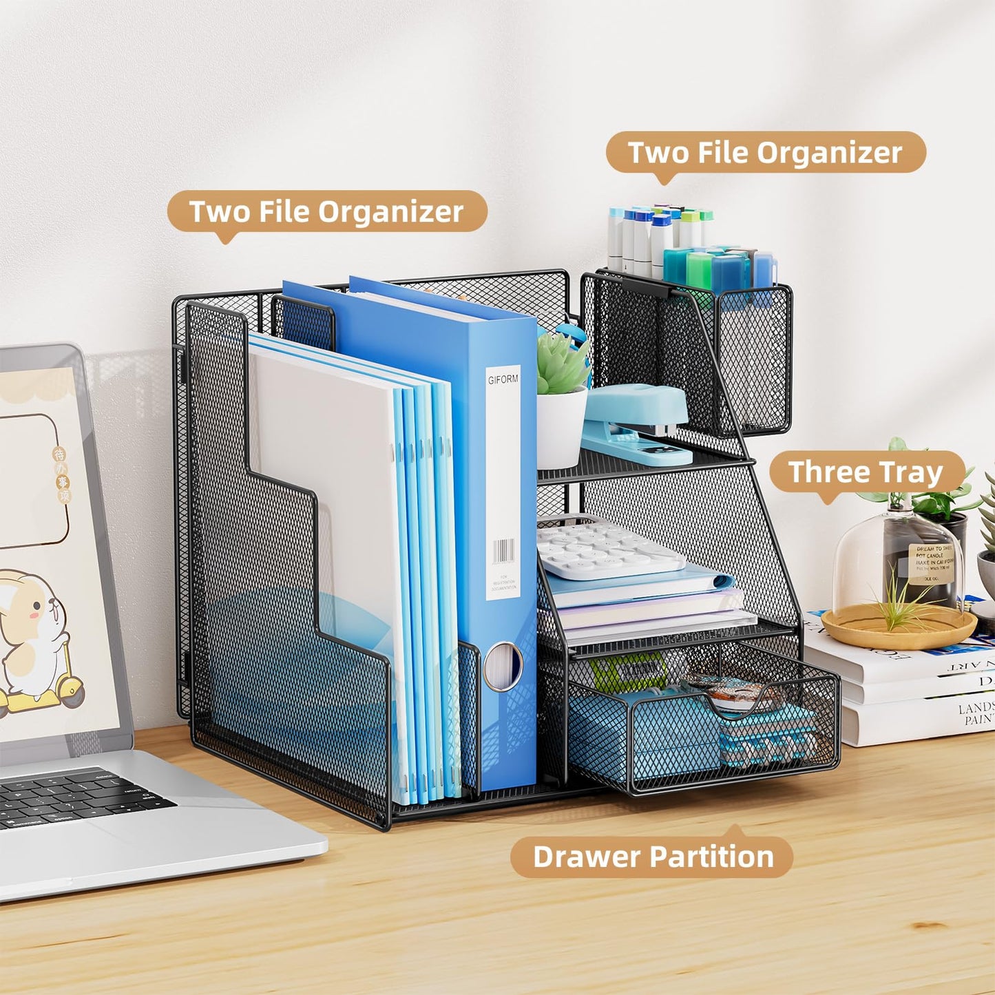 Marbrasse Desk Organizer and Accessories, 3-Tier File Organizer with Drawer and Pen Holder, Small Desktop Organizer and Storage for Workspace Office Supplies Black