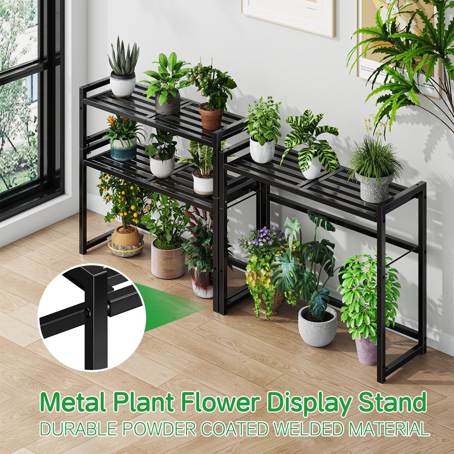 Ekisemio 3-Tier Metal Plant Stand, Heavy Duty Waterproof Indoor Outdoor Stackable Shelf, Tall Flower Pot Holder & Display Rack for Garden, Black