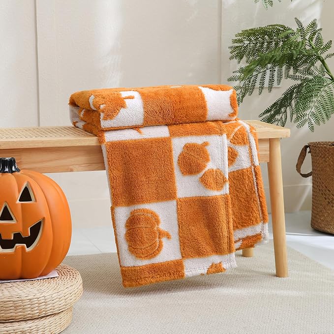 SOCHOW Fall Decor Jacquard Throw Blanket, Fuzzy Soft Warm Pumpkin Maple Leaves Plaid Autumn Checkered Blanket for Couch, Sofa and Bed, 50 x 60 Inches, Orange/White