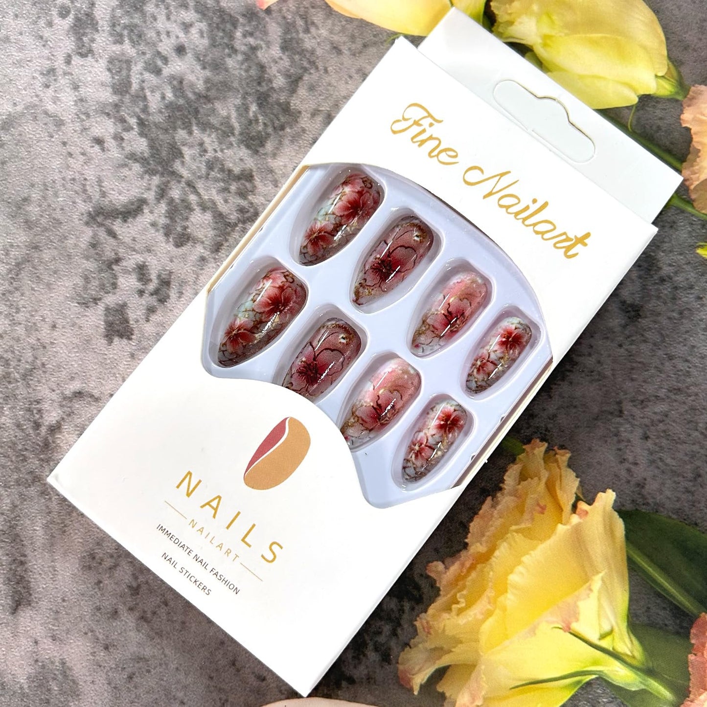 CJDLTS Flower Press on Nails Medium Almond Pink Floral Pattern Design Full Cover Glossy Acrylic Fake Nail Blossom Stick on Nail 24Pcs Reusable Press Ons Glue on Nails for Women