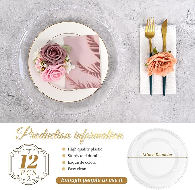 12 PCS Clear Round Charger Plates with Beaded Rim, 13 Inch Plastic Acrylic Plate, Plastic Round Beaded Dinner Decorative Service Plates for Wedding Party Event, Home Kitchen Tabletop(Clear)