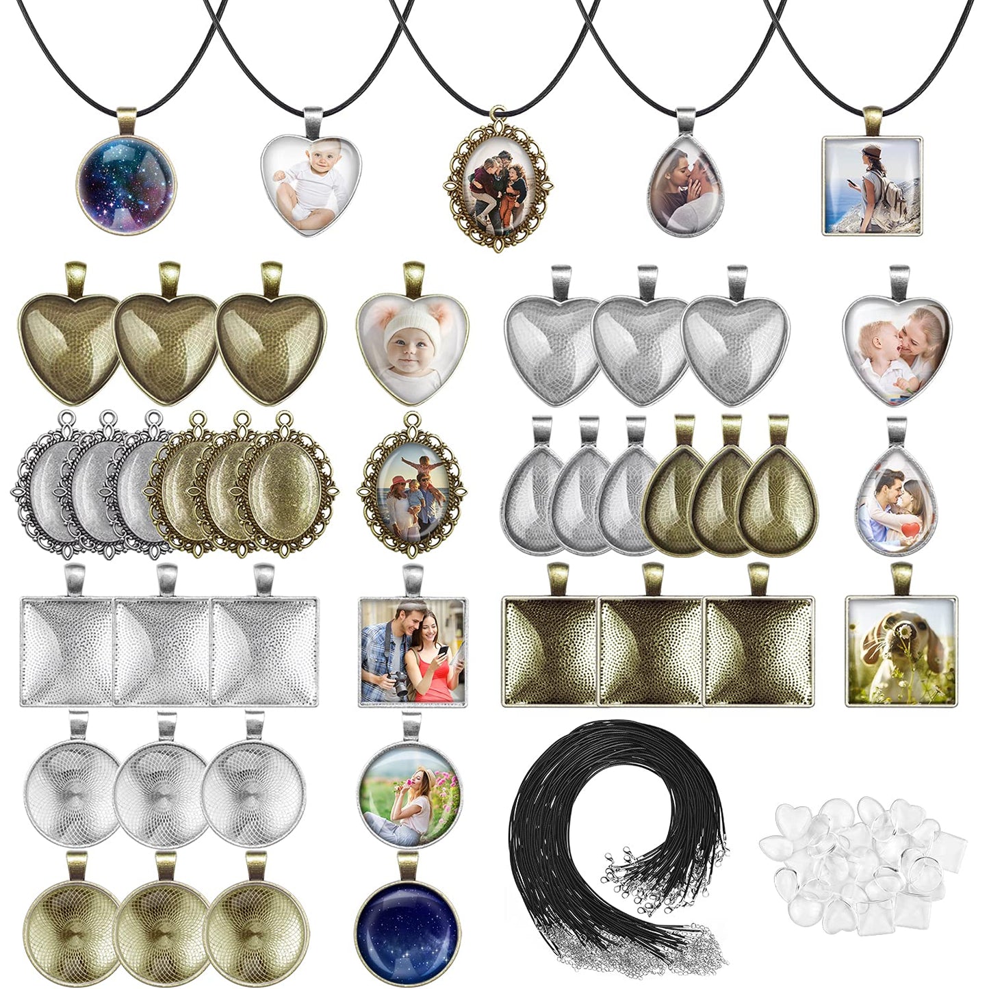 Aenezus Pendant Trays Set with Glass Cabochons for Jewelry Making - 90pcs, Includes 30pcs Bezel Pendants, 30 Glass Cabochons, 30 Necklace Cords