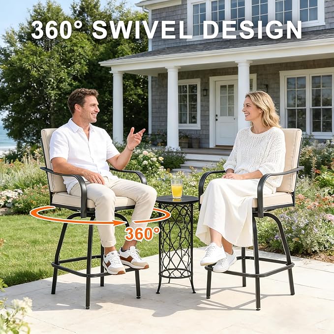 Patio Swivel Bar Stools Set of 4, Outdoor Bar Height Swivel Chairs with Cushions for Garden Balcony Backyard, Beige