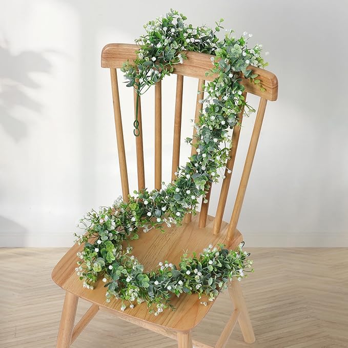 Faux Eucalyptus Garland 4 Pack – 24ft Artificial Greenery Vine with White Flowers for Wedding, Party & Mantle Decor