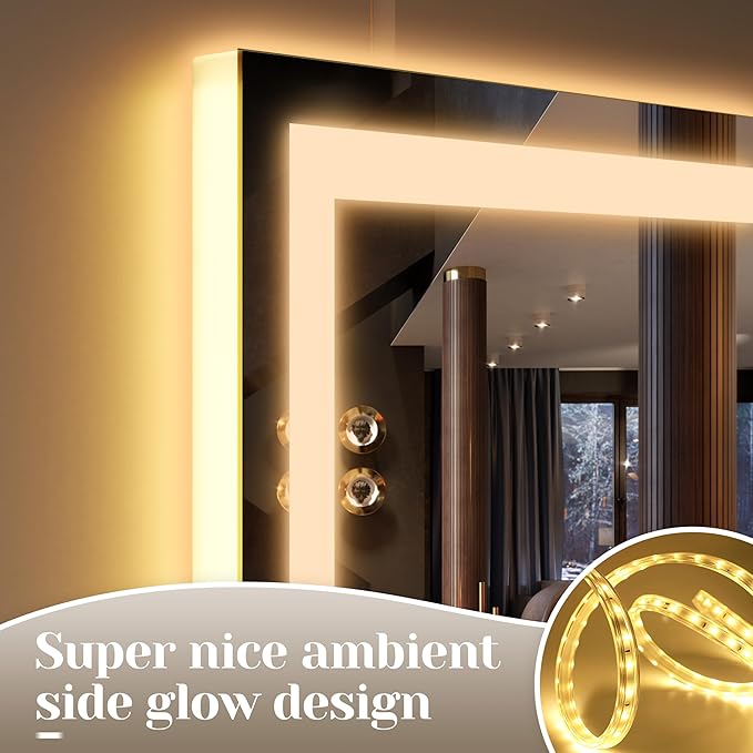 FENNIO Large Vanity Mirror with Lights，40" x 28"Makeup Mirror with Lights，Hollywood Mirror with 3 Color Modes & Adjustable Brightness，Vanity Mirror Square White