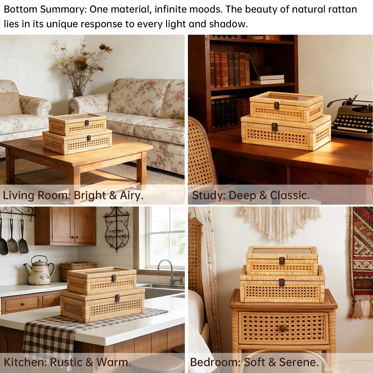 DECOR4SEASON Rattan and Cane Stacking Boxes with Glass Top Lid - Set of 2 for Boho, and Rustic Farmhouse Decor