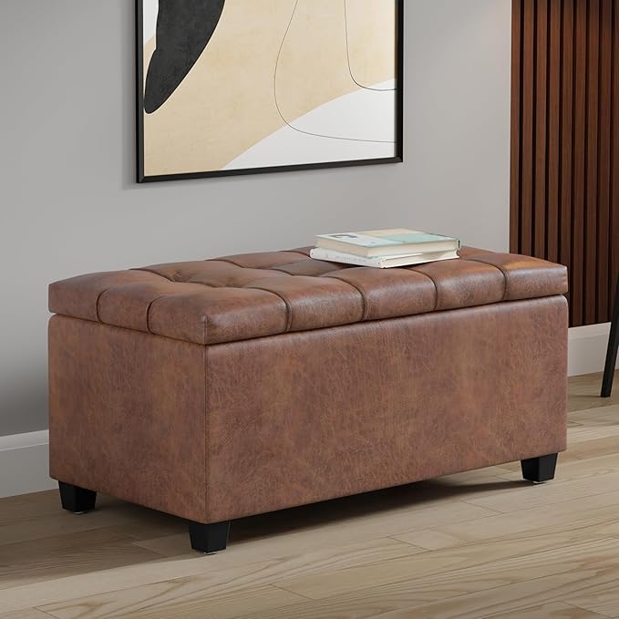 SIMPLIHOME Sienna 33 inch Wide Transitional Rectangle Storage Ottoman Bench in Distressed Saddle Brown Vegan Faux Leather, Assembled, for The Living Room, Entryway and Family Room