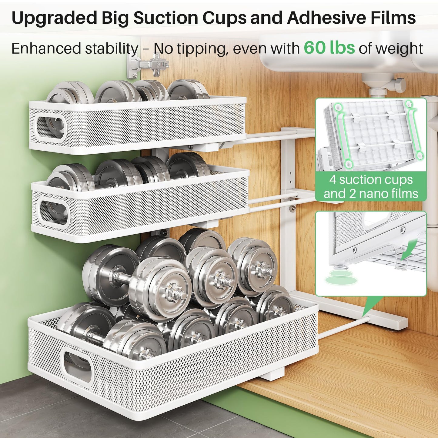 Kitstorack Under Sink Organizer, 2-Pack 3-Tier Height Adjustable Thickened Metal Pull out Cabinet Organizer Shelf, Slide out Storage Drawer Rack for Bathroom Kitchen Pantry Home Laundry Organization