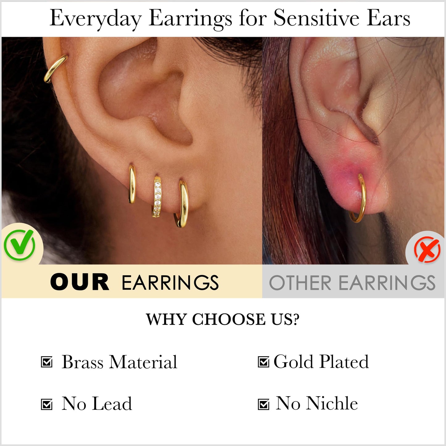 12mm Gold Plated Hoop Earrings Set for Men Gold Plated Stack Cartilage 3 hole Earrings for Multiple Double Piercing Lightweight Clip On Jewelry Gifts for Men