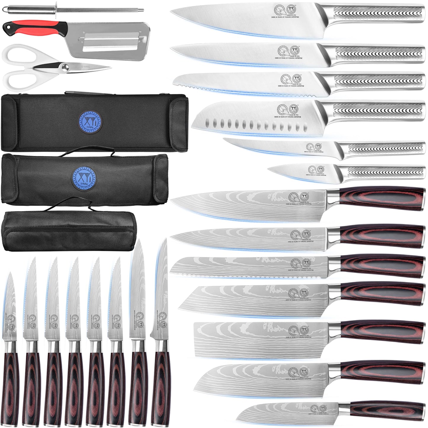 XYJ Kitchen Knife Set, Stainless Steel Fruit Steak Ham Fish Fillet Carving Slicing Chef Knife Set with Bag, Scissors, Sharpening Tool, Peeler, Vegetable Slicer, Gloves